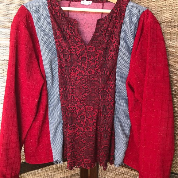 Upcycled Patchwork Pullover Shirt, Size M-L: Mixed Print Spliced Floral Blouse - Picture 7 of 13